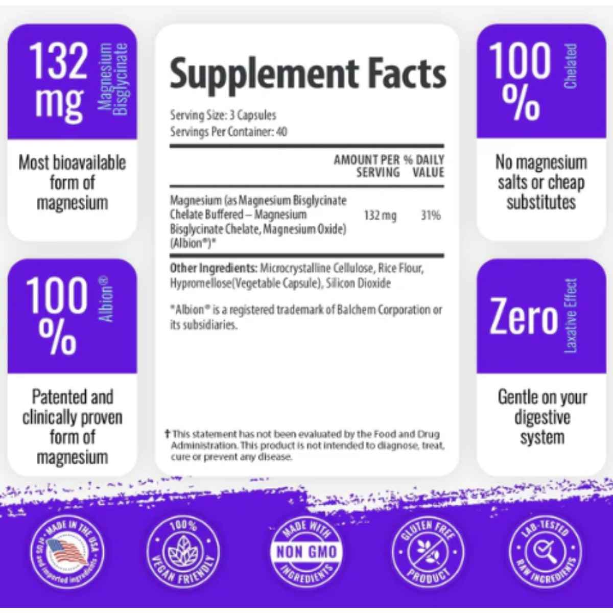Panel de información del suplemento de 1 Body bisglicinato de magnesio, 120 cápsulas veganas