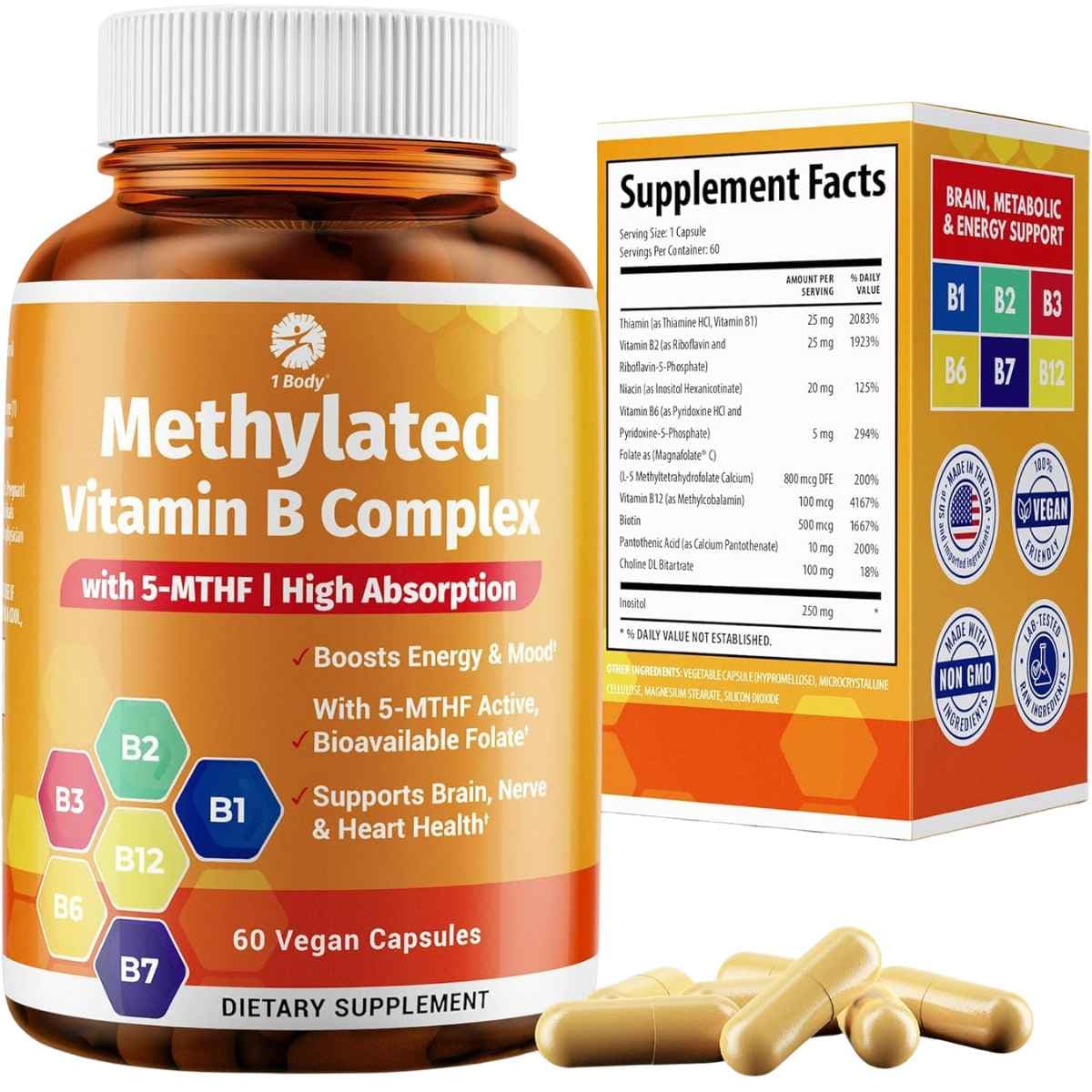 Frasco de suplemento 1 Body Methylated Vitamin B Complex 60 cápsulas