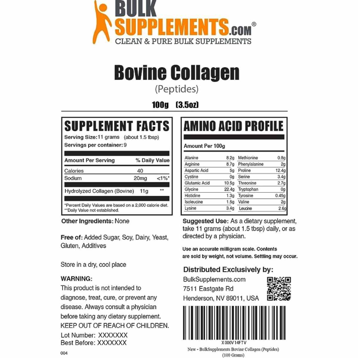 BulkSupplements.com Colágeno Hidrolizado Puro en Polvo - 100 g - Tabla Nutricional - Haz Tu Pedido