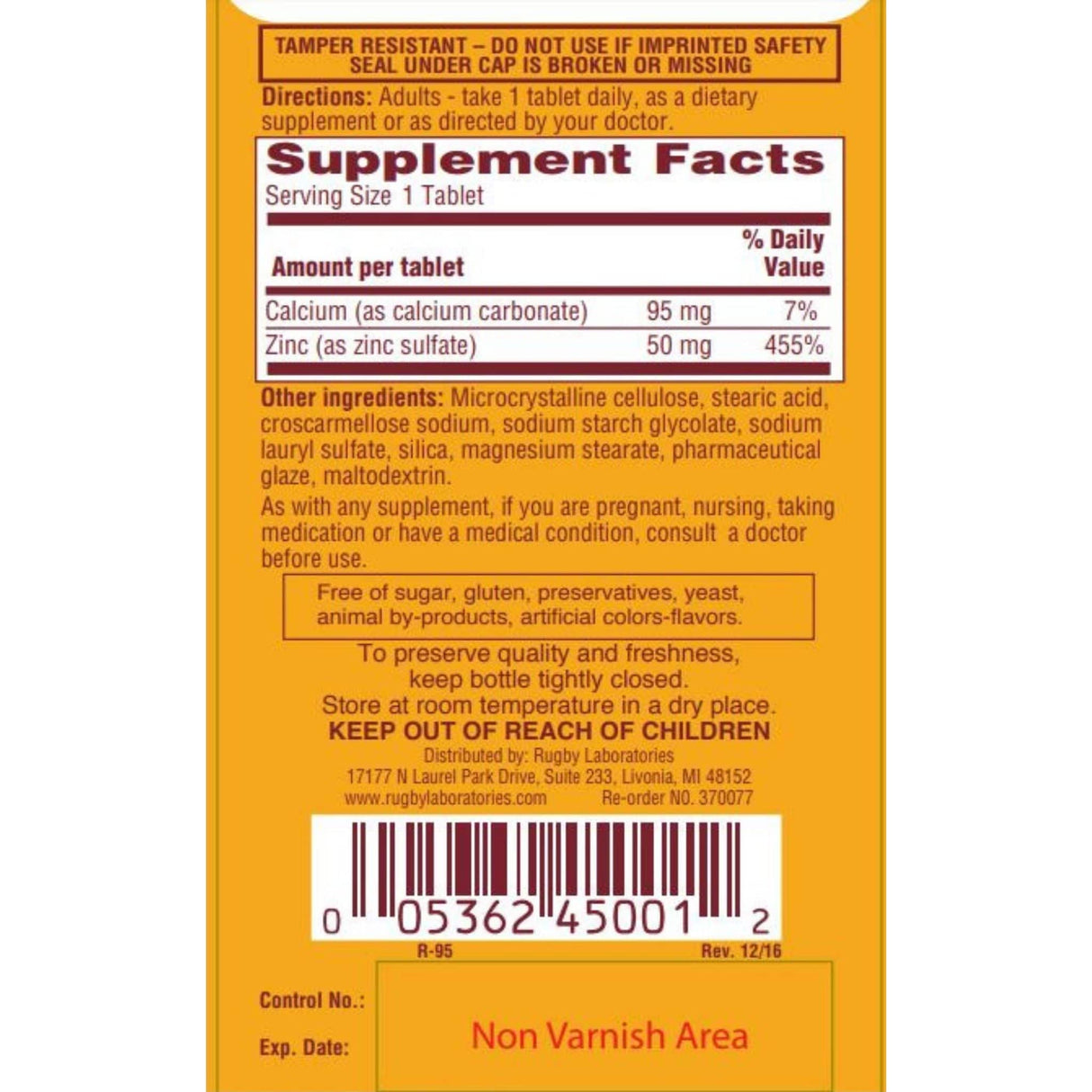 Rugby Zinc Sulfate - 220 mg - 100 Tabletas - Haz Tu Pedido
