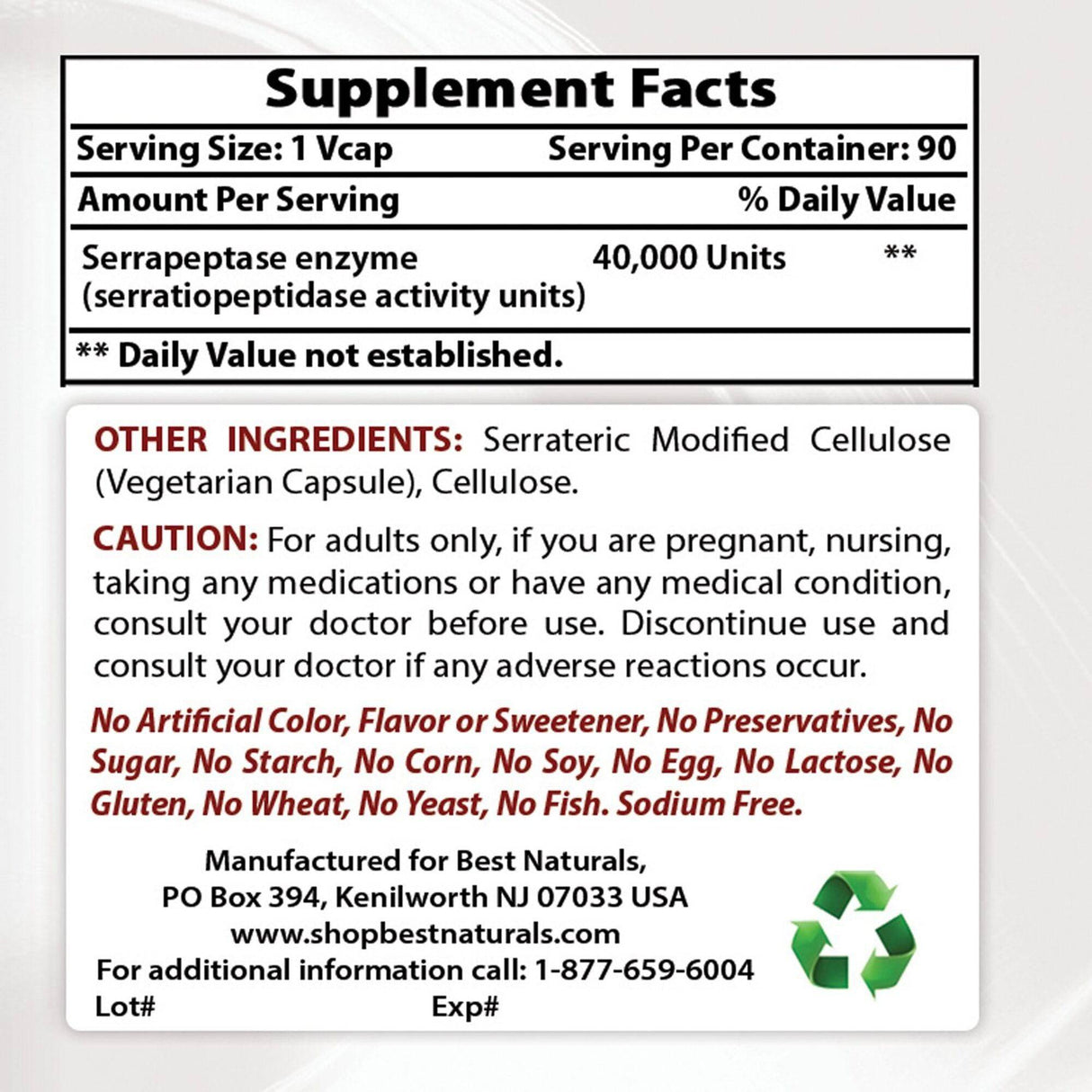 Best Naturals Serrapeptase 40000 SPU - 90 Capsulas - Haz Tu Pedido