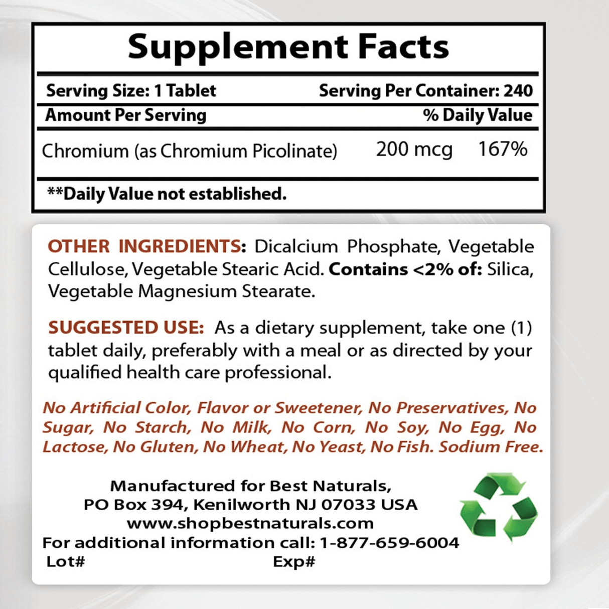 Best Naturals Chromium Picolinate 200 mcg - 240 Tabletas - Haz Tu Pedido