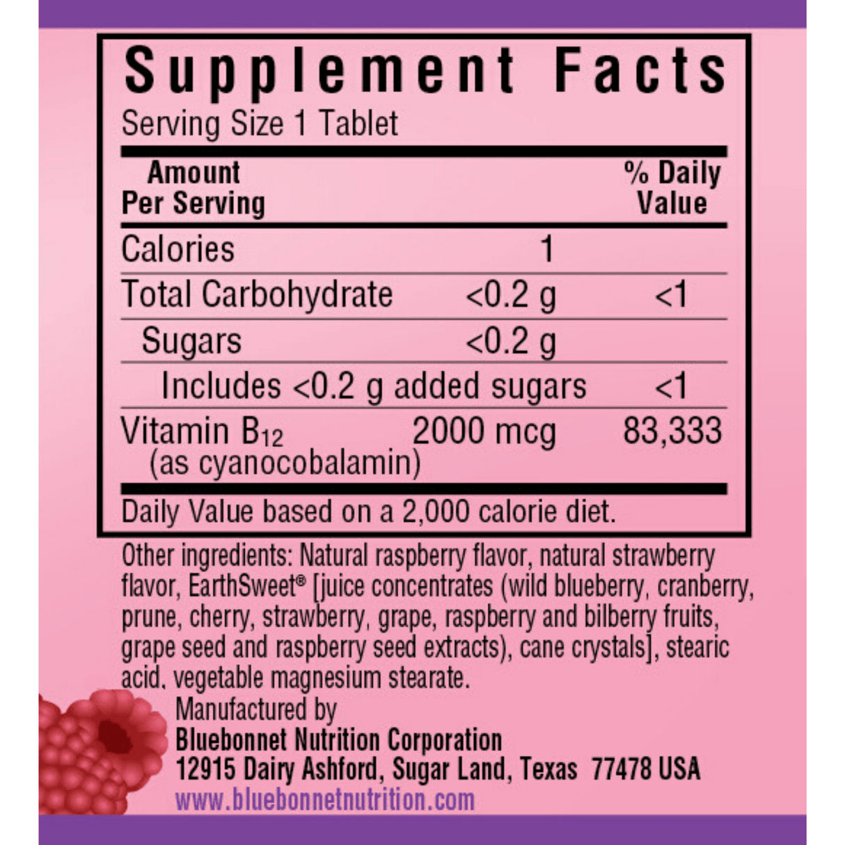 Bluebonnet EarthSweet Chewables Vitamin B12 - 2000 mcg - 90 Tabletas Masticable - Frambuesa - Haz Tu Pedido
