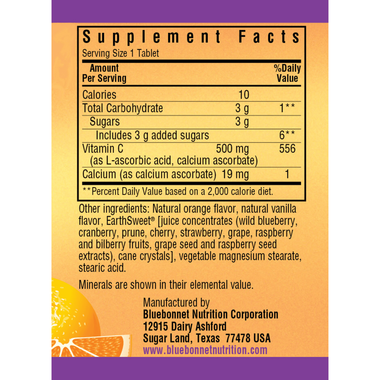 Bluebonnet EarthSweet Chewables Vitamin C - 500 mg - 90 Tabletas Masticable - Naranja - Haz Tu Pedido