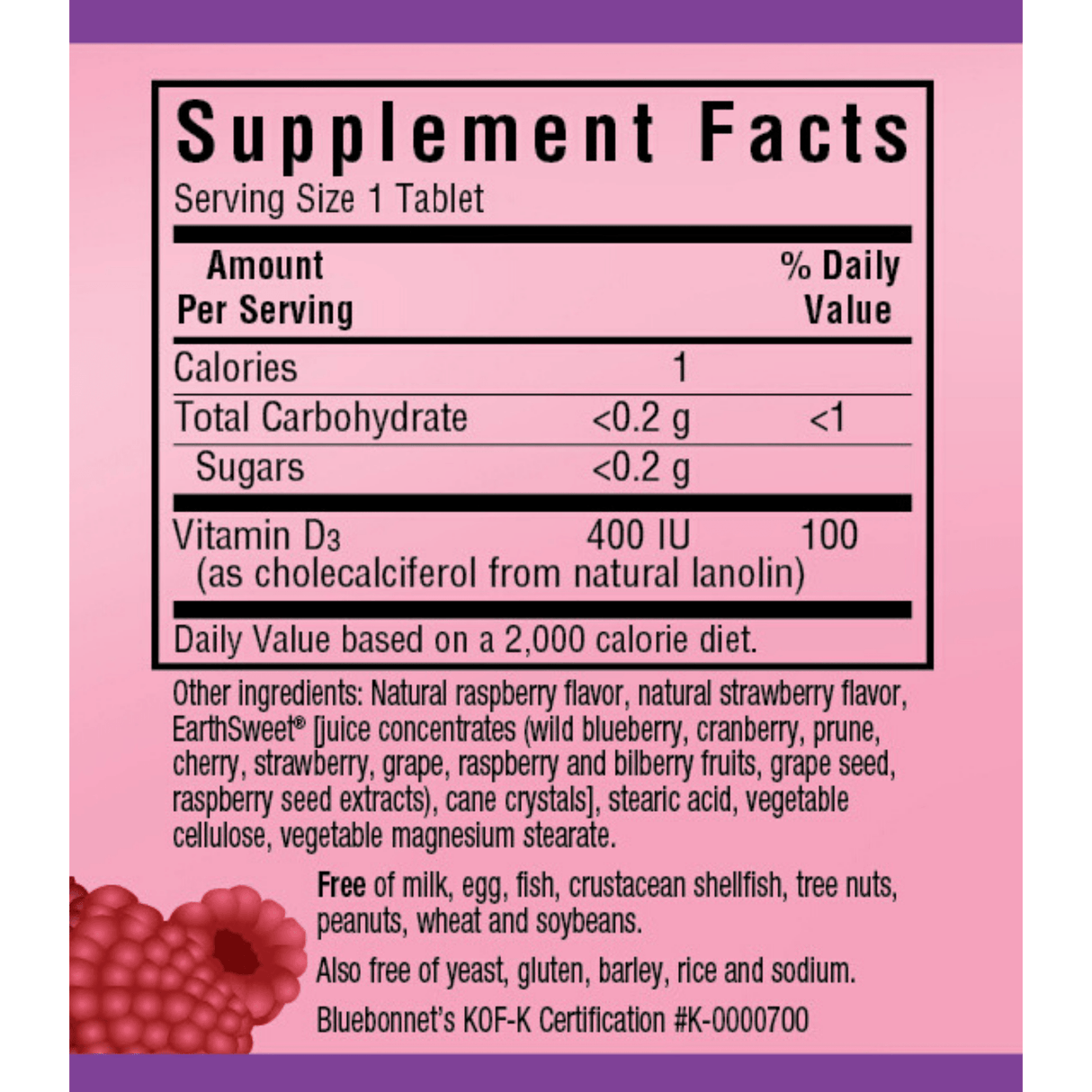 Bluebonnet EarthSweet Chewables Vitamin D3 - 400 IU - 90 Tabletas Masticable - Frambuesa - Haz Tu Pedido