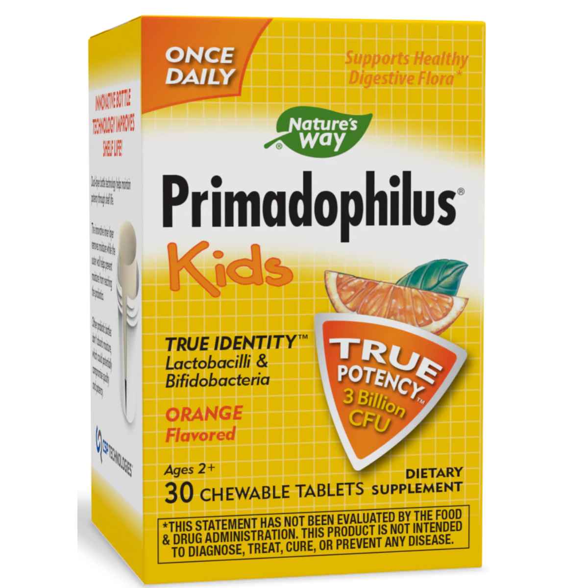 Natures Way Primadophilus® Probiótico para Niños 3 Mil Millones CFU - Sabor Naranja - 30 Tabletas Masticable - Haz Tu Pedido