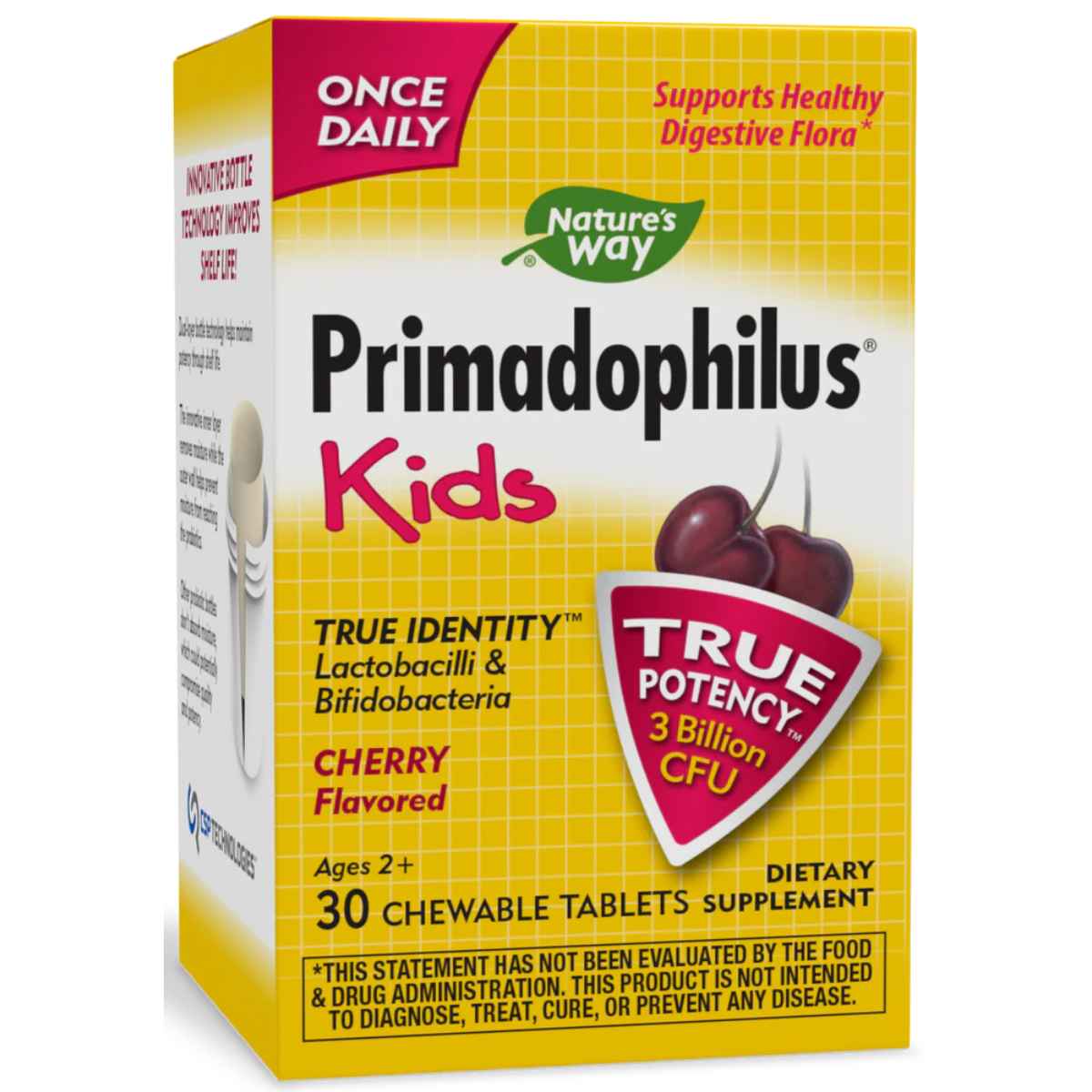 Natures Way Primadophilus® Probiótico para Niños 3 Mil Millones CFU - Sabor Cereza - 30 Tabletas Masticable - Haz Tu Pedido