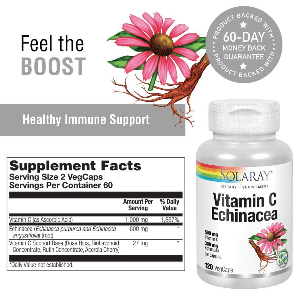 Solaray Vitamin C Echinacea - 120 Cápsulas Vegetales - Haz Tu Pedido