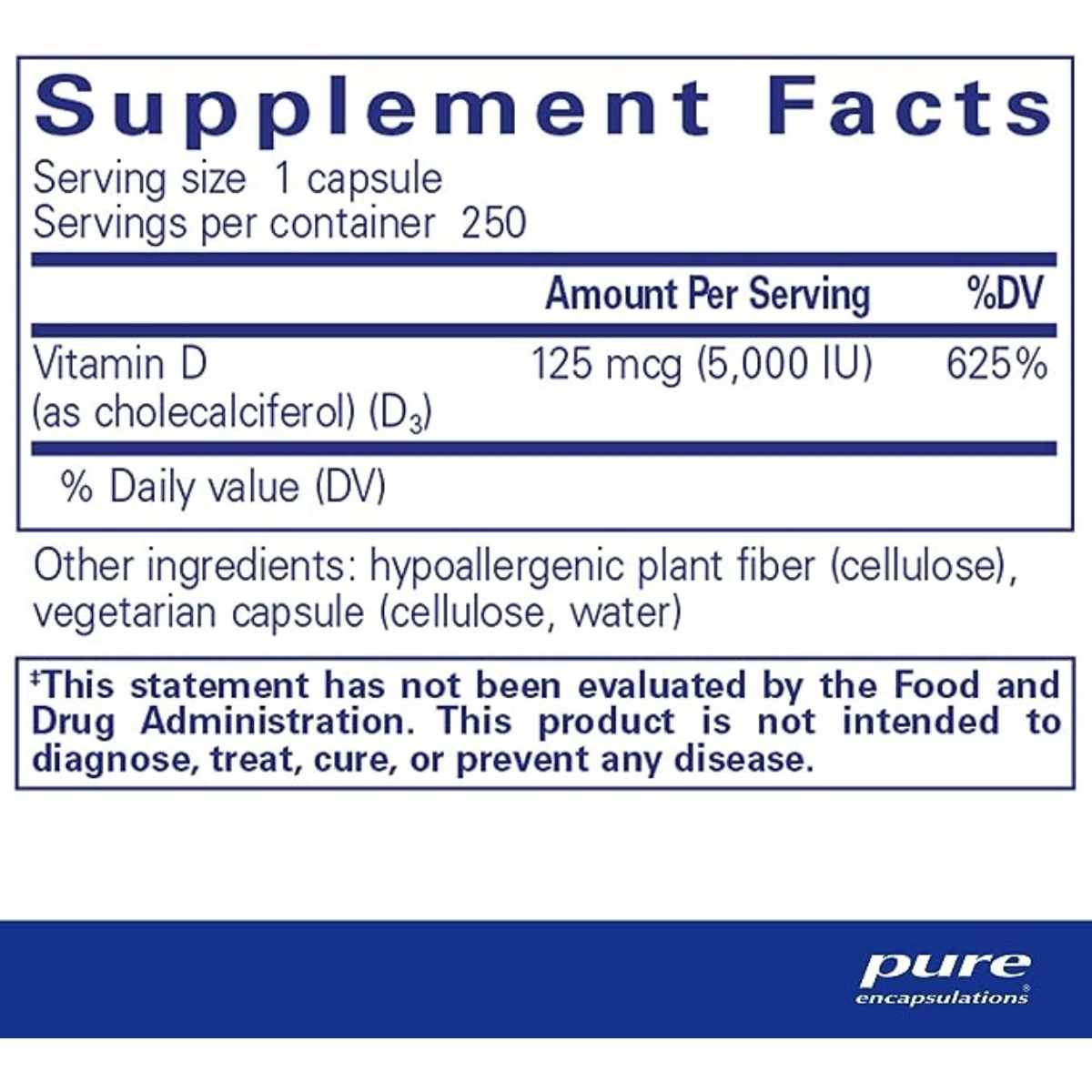 Pure Encapsulations Vitamina D3 5 IU - 250 Cápsulas - Tabla Nutricional - Haz Tu Pedido Tamaño
