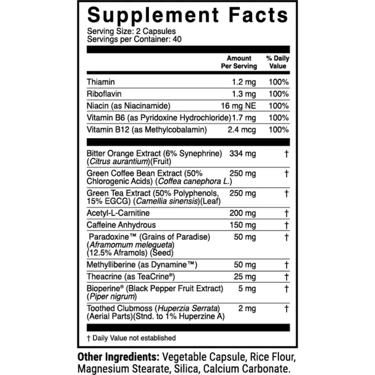 Tabla nutricional del suplemento 1st Phorm 1-Db Overdrive Fórmula Metabólica 80 cápsulas
