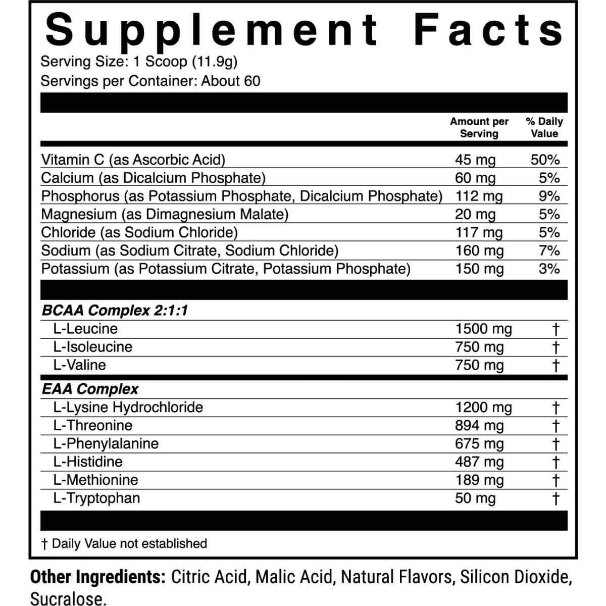 Tabla nutricional del suplemento 1st Phorm Aminoácidos Esenciales EAA sabor Limonada de Arándanos 1.46 lbs