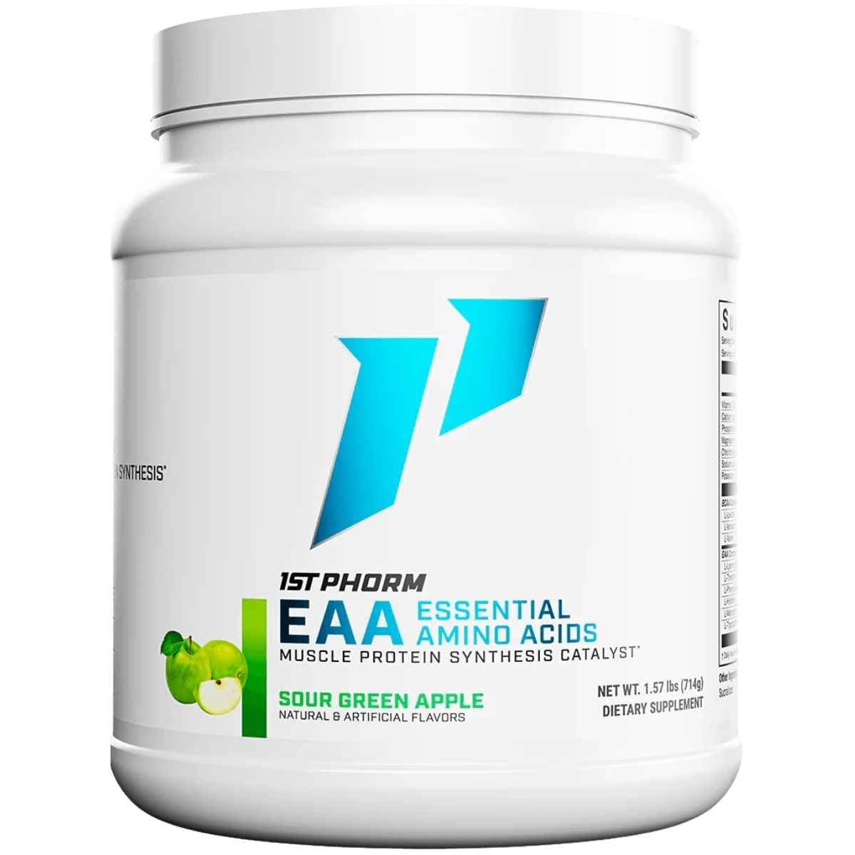 Frasco de suplemento 1st Phorm Aminoácidos Esenciales EAA sabor Manzana Verde 1.57 lbs