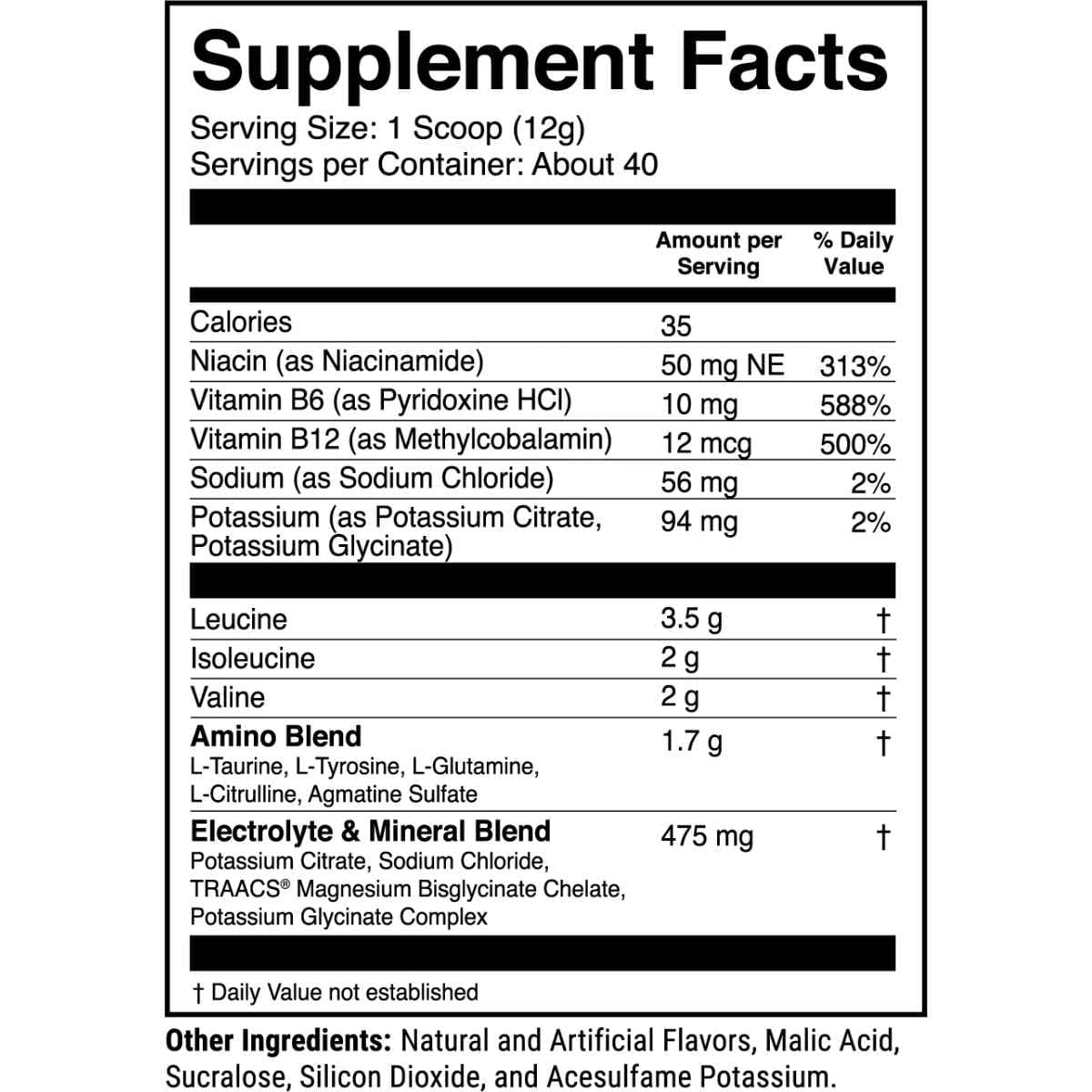 Tabla nutricional del suplemento 1st Phorm BCAAs sabor Naranja Sanguina 17.64 oz polvo