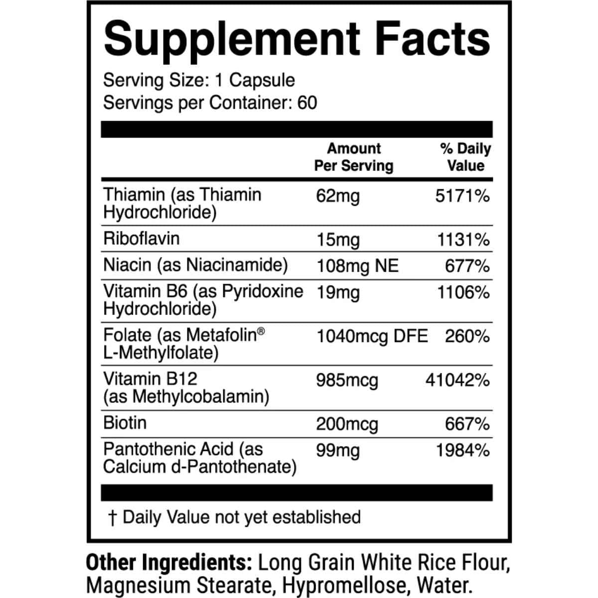 Tabla nutricional del suplemento 1st Phorm Complejo B 60 cápsulas