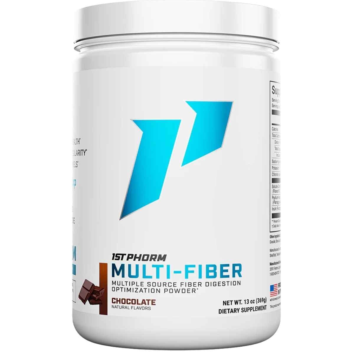 Frasco de suplemento 1st Phorm Fibra Multifuente sabor Chocolate 13 oz polvo