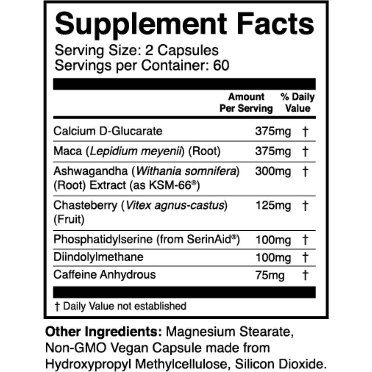 Tabla nutricional del suplemento 1st Phorm Harmony Equilibrio Hormonal 120 cápsulas veganas