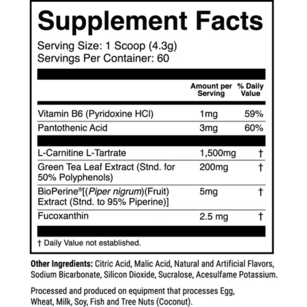 Tabla nutricional del suplemento 1st Phorm L-Carnitina con Fucoxantina sabor limonada de bayas 60 servicios