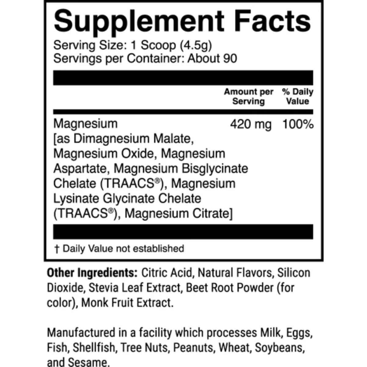 Tabla nutricional del suplemento 1st Phorm Magnesio sabor Chocolate Sal Marina 420 mg 90 porciones