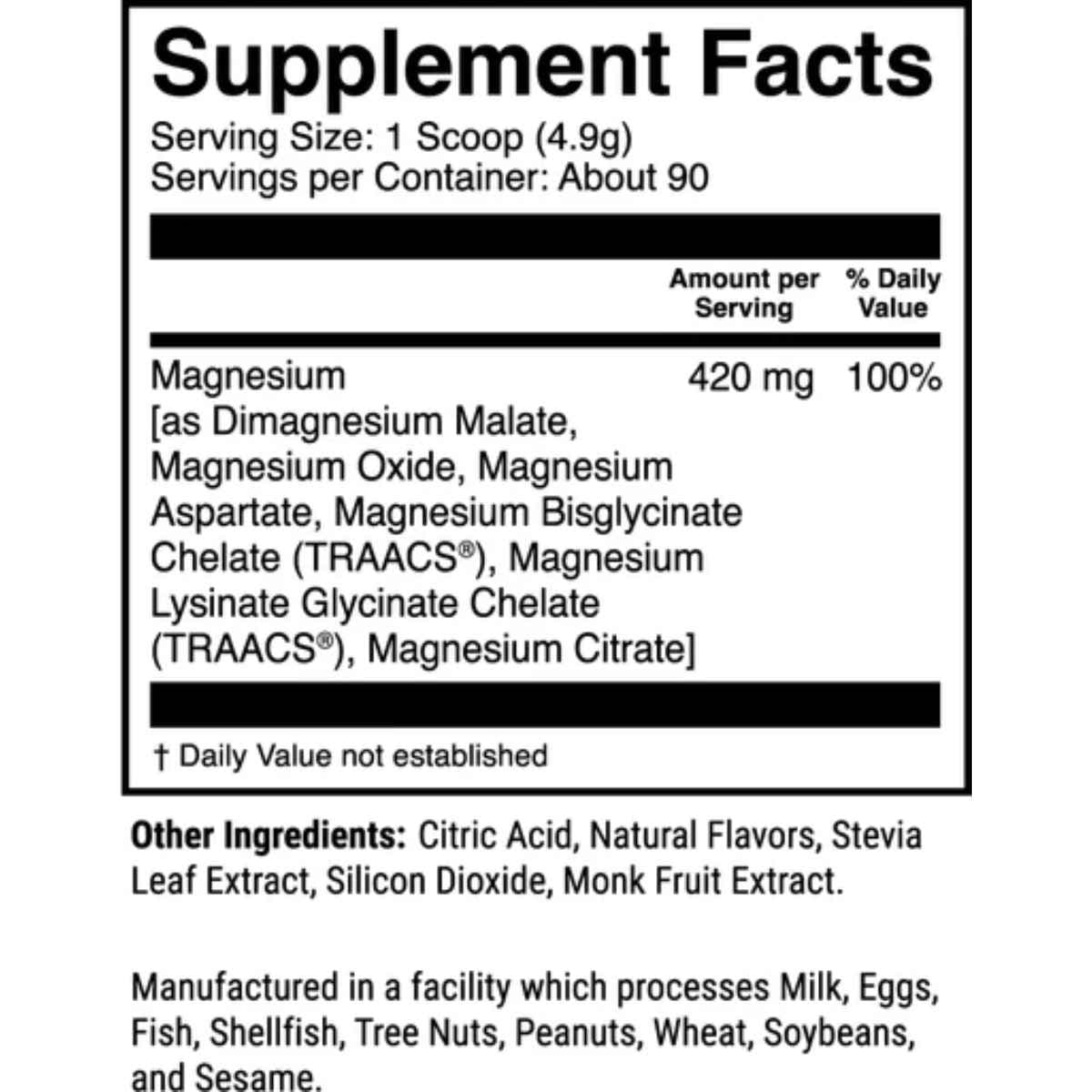 Tabla nutricional del suplemento 1st Phorm Magnesio sabor Fresa Kiwi 420 mg 90 porciones
