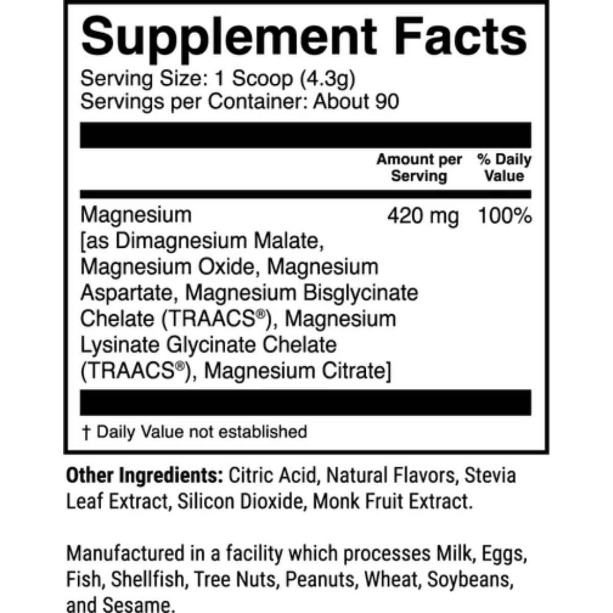 Tabla nutricional del suplemento 1st Phorm Magnesio Sin Sabor 420 mg 90 porciones