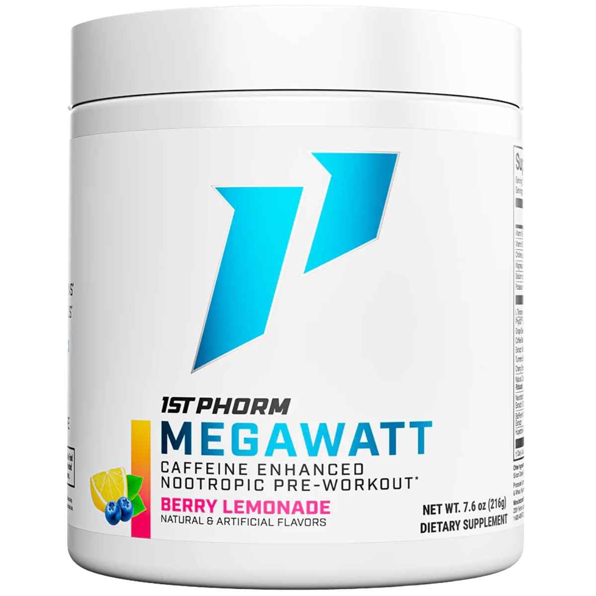 Frasco de suplemento 1st Phorm Megawatt Limonada de Bayas 150 mg 7.05 oz polvo
