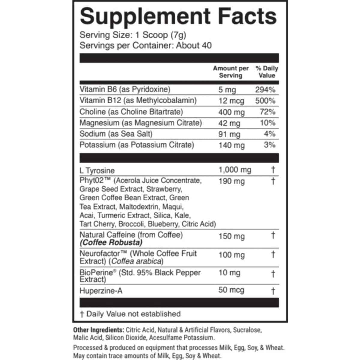 Tabla nutricional del suplemento 1st Phorm Megawatt Piña y Granada 150 mg 7.76 oz polvo