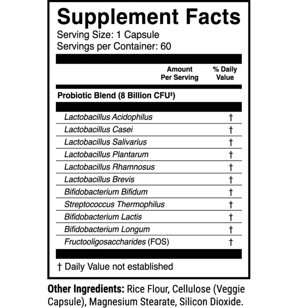 Tabla nutricional del suplemento 1st Phorm Mezcla de Probióticos 60 cápsulas