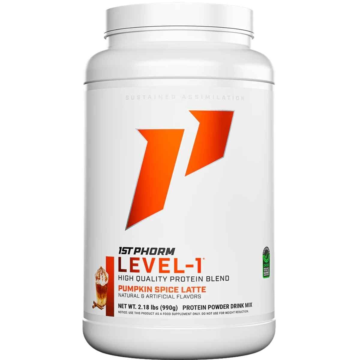 Frasco de suplemento 1st Phorm Mezcla de Proteína sabor Latte de calabaza y especias 2.12 lbs