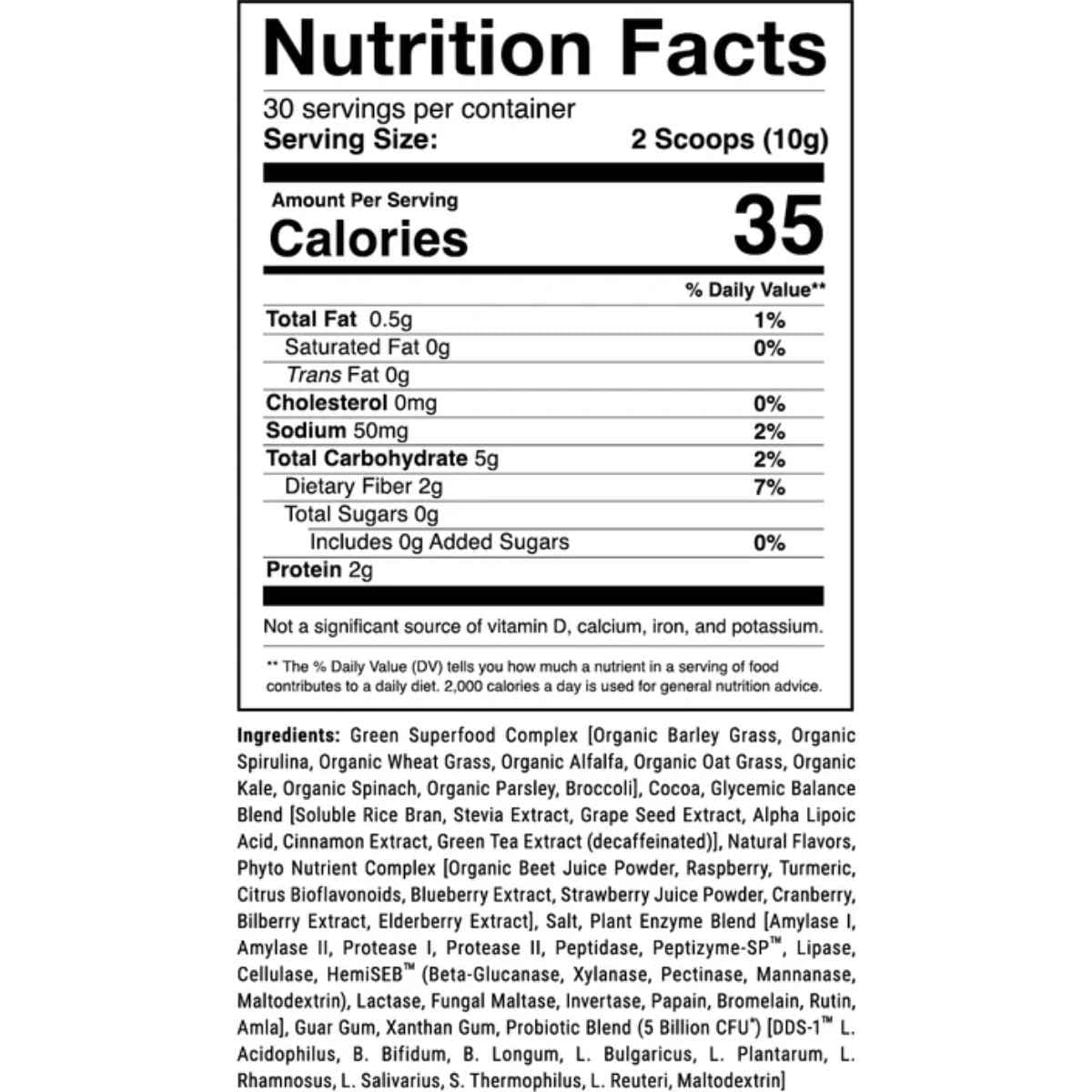 Tabla nutricional del suplemento 1st Phorm Mezcla de Superalimentos Verdes Chocolate 30 porciones