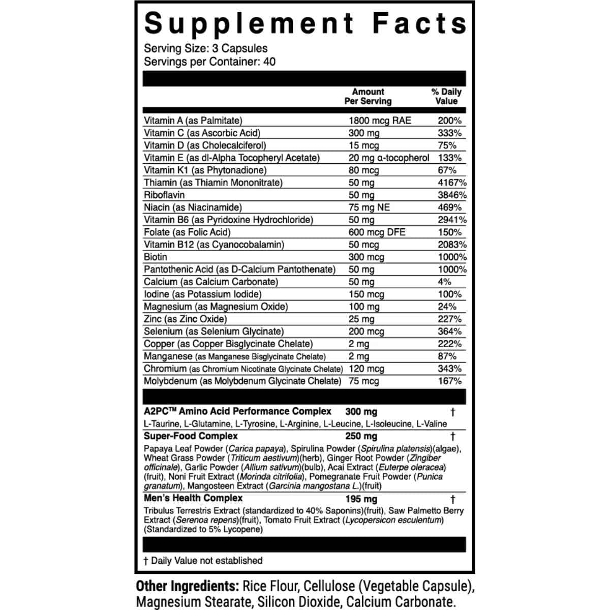 Tabla nutricional del suplemento 1st Phorm Multivitamínico para Hombre M-Factor 120 cápsulas