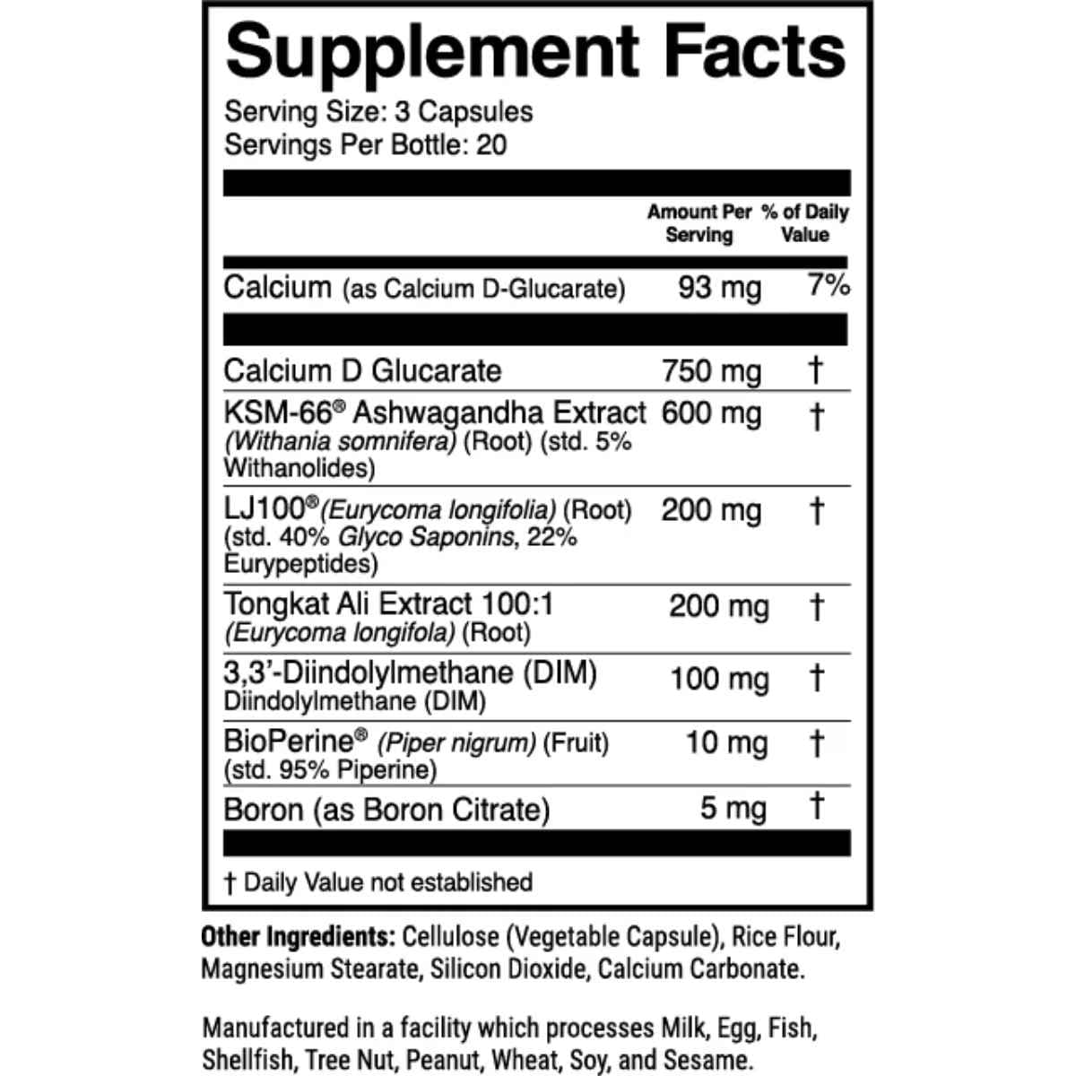 Tabla nutricional del suplemento 1st Phorm Primal-T 60 cápsulas