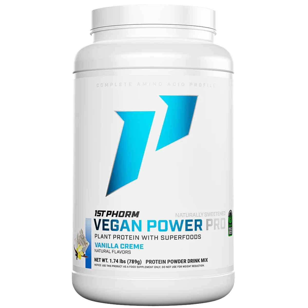 Frasco de suplemento 1st Phorm Proteína Vegana Crema de Vainilla polvo