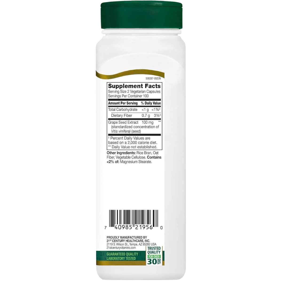 Tabla nutricional del suplemento 21st Century Extracto de Semilla de Uva 100 mg 200 cápsulas