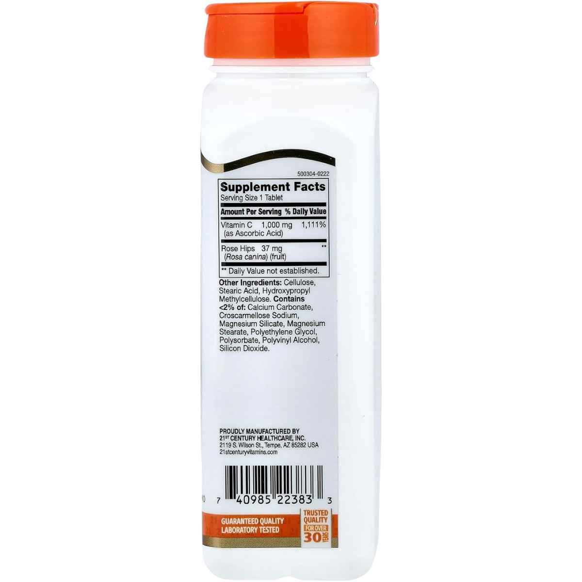 Tabla nutricional del suplemento 21st Century Vitamina C con Escaramujo 1000 mg 110 tabletas