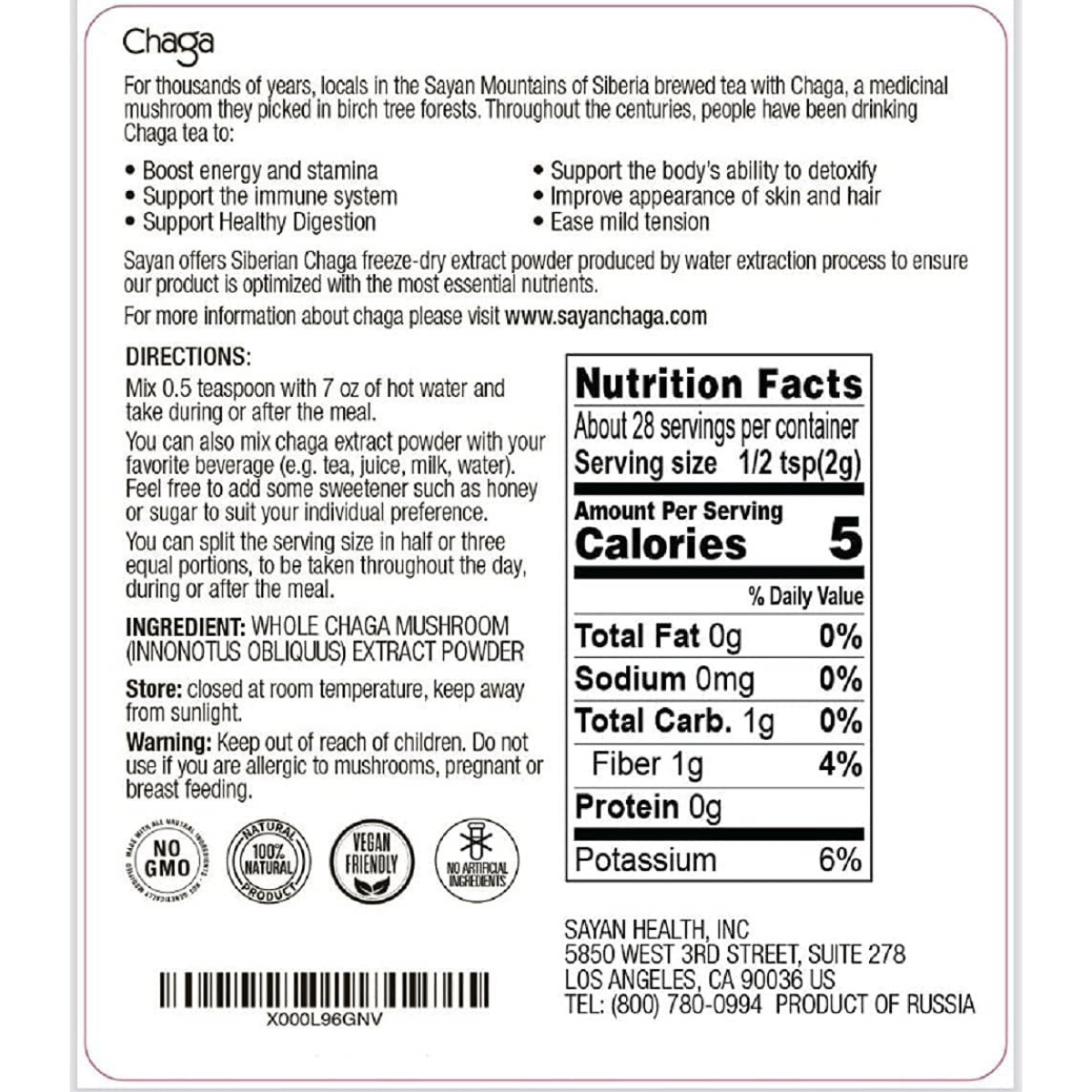 Sayan Chaga Mushroom Extract - 56 g - Haz Tu Pedido