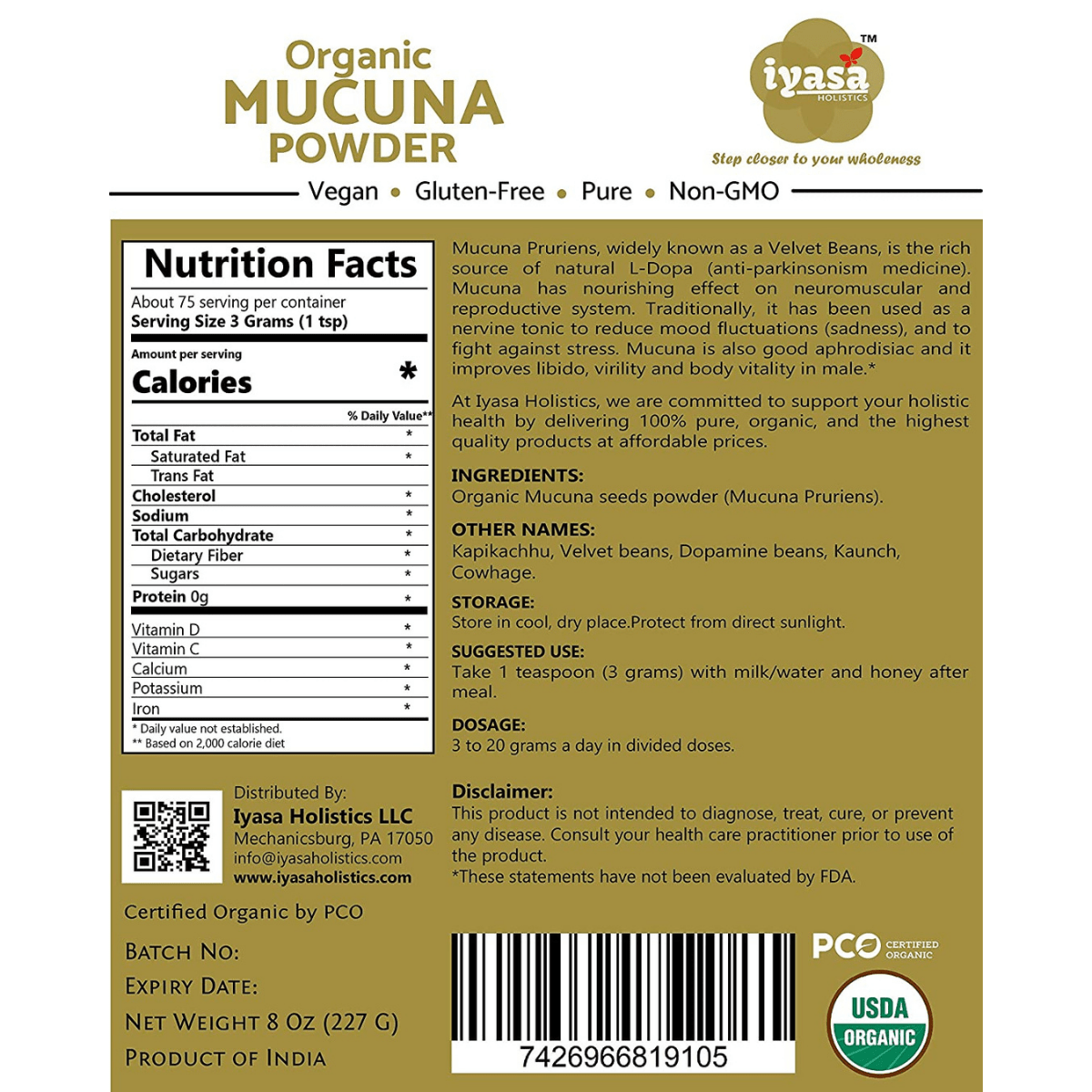 Iyasa Holistics Organic Mucuna Powder - 227 g - Haz Tu Pedido