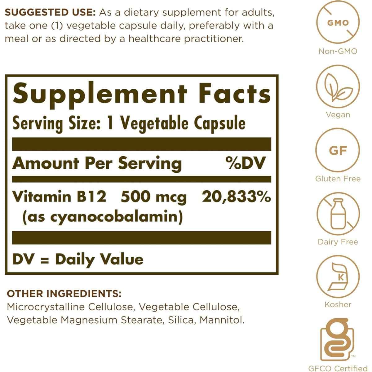 Solgar - Vitamina B12 Cianocobalamina (500 mcg - 100 Cápsulas Vegetales)
