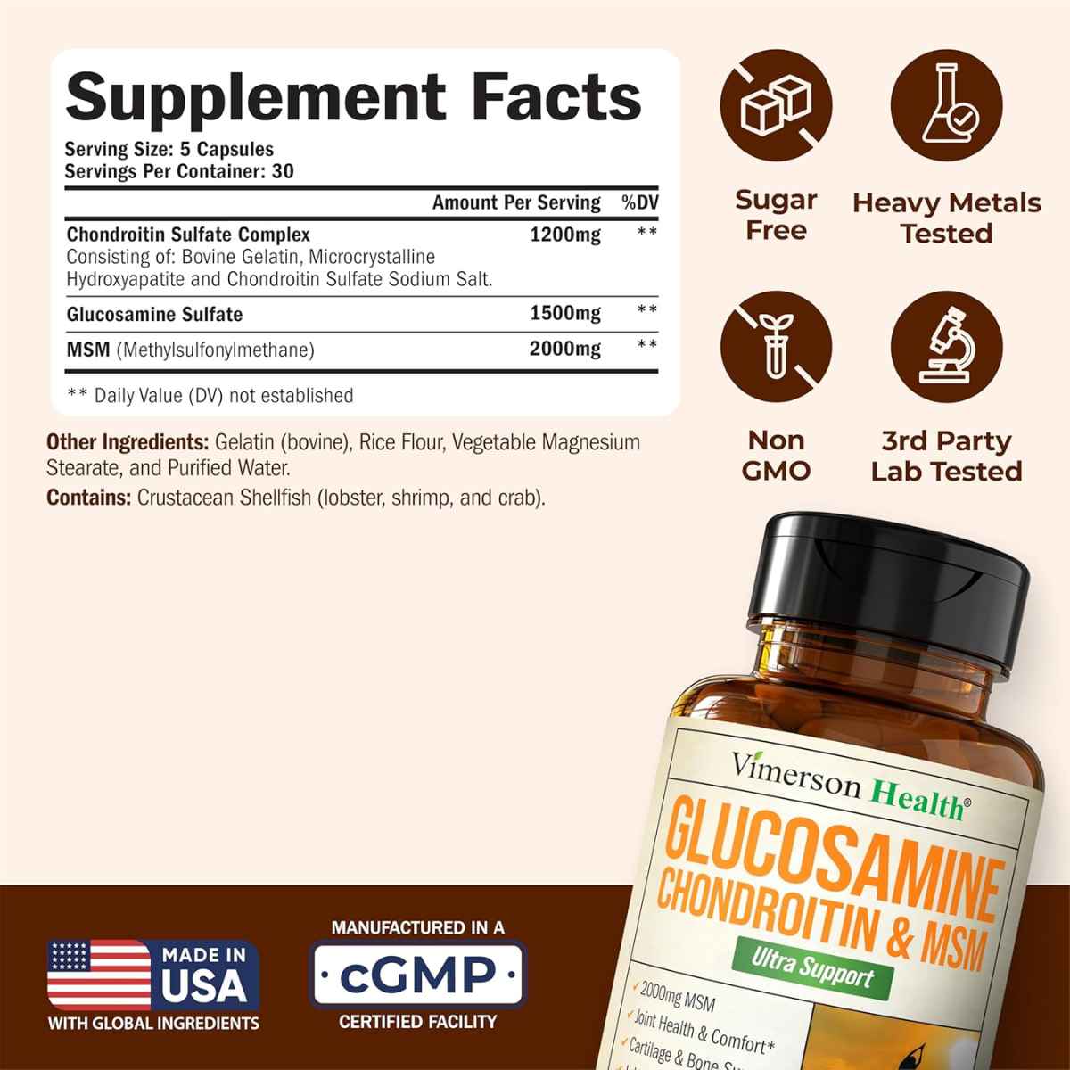 Vimerson Health - Glucosamina 1500 mg, Complejo de Condroitina 1200 mg y MSM 2000 mg (150 Cápsulas)