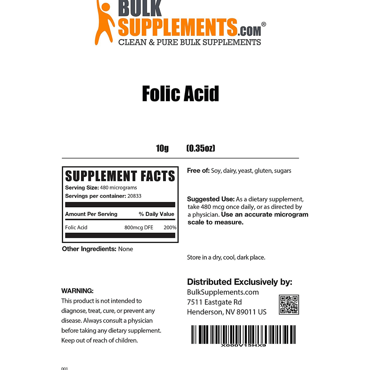 Ácido Fólico (Vitamina B9) BulkSupplements - 800 mcg - Haz Tu Pedido