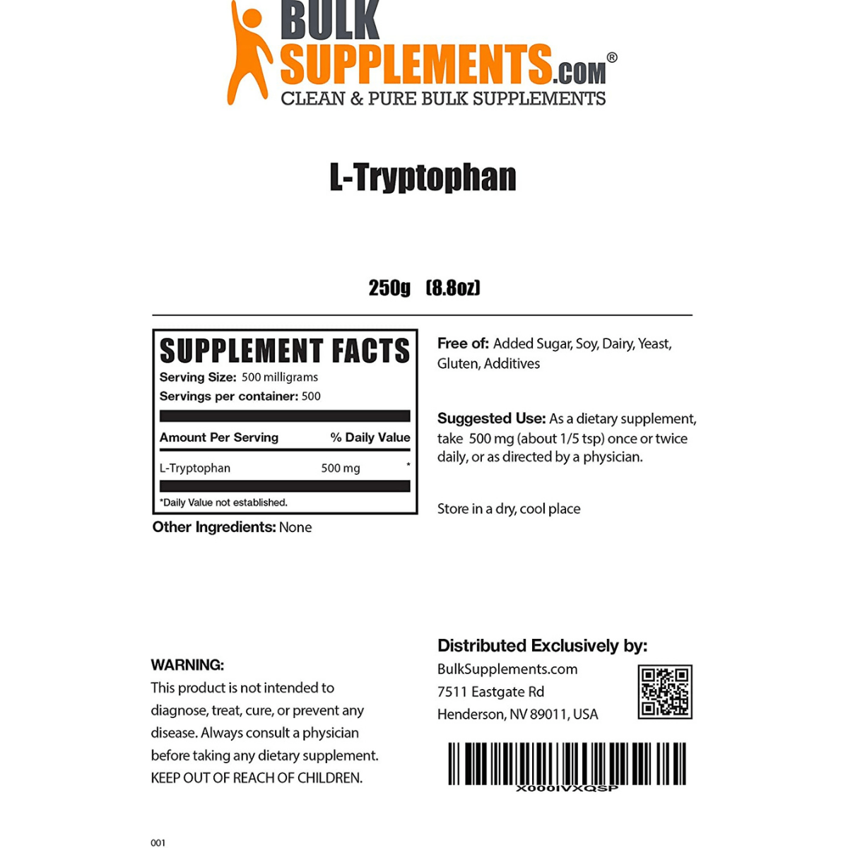 BulkSupplements L-Tryptophan - 500 mg - Haz Tu Pedido