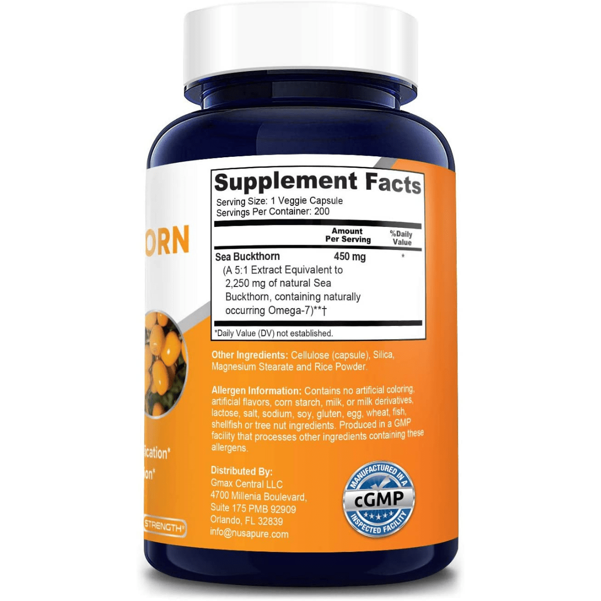 NusaPure Sea Buckthorn (Omega 7) 2250 mg - 200 Cápsulas Vegetales - Haz Tu Pedido