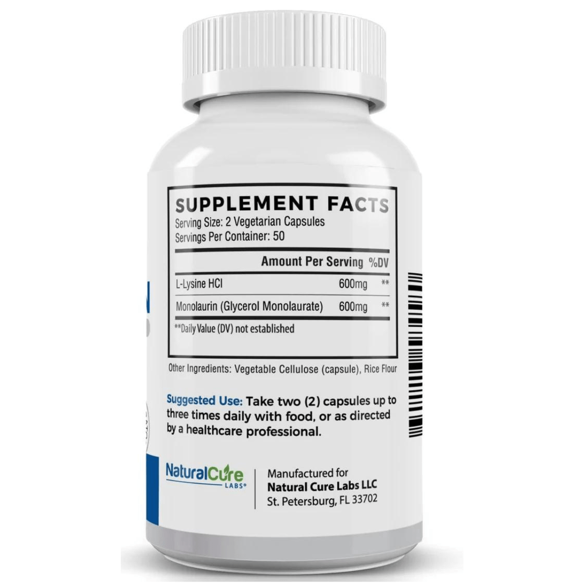 Natural Cure Labs L-Lysine + Monolaurin 600 mg - 100 Cápsulas Vegetarianas - Haz Tu Pedido
