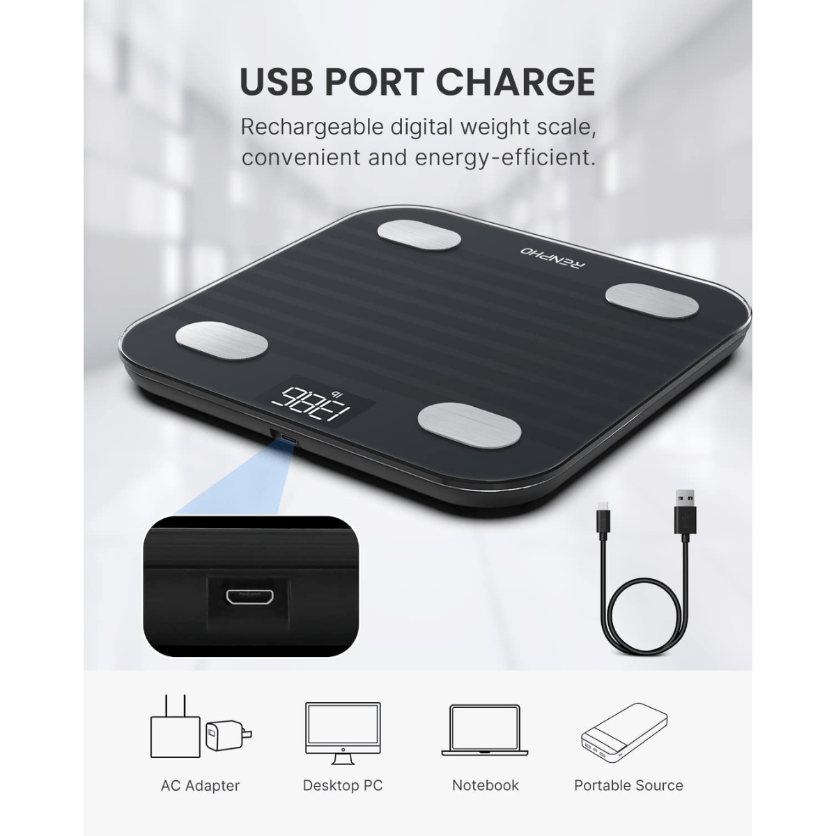 Renpho Báscula Inteligente Recargable Por USB Para Grasa Corporal IMC - Haz Tu Pedido