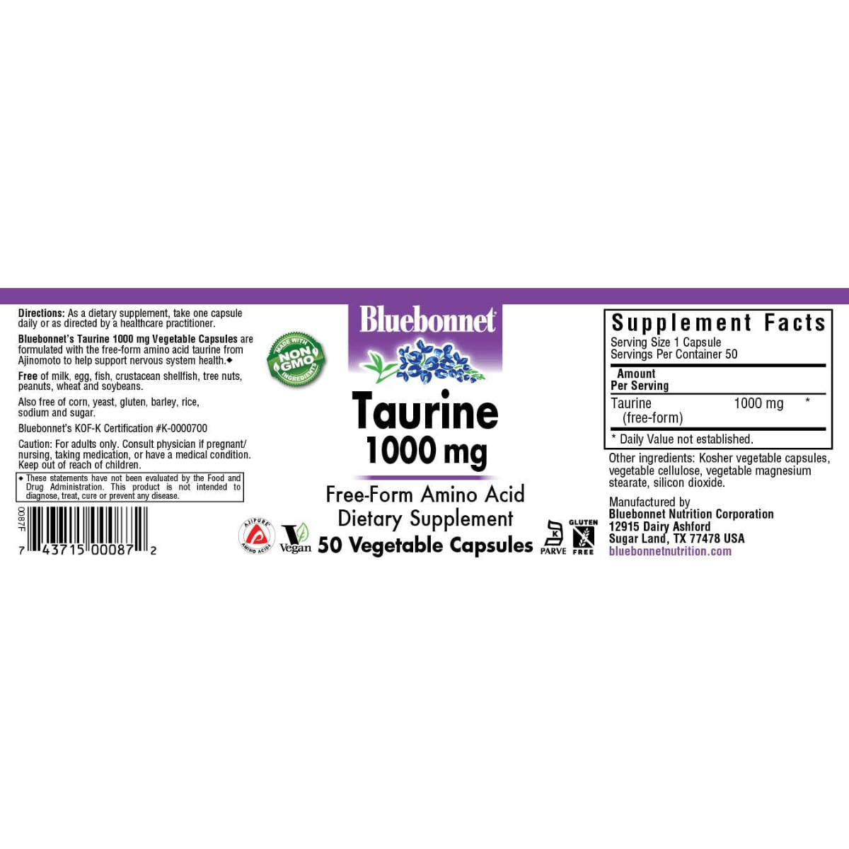 Bluebonnet Taurine 1000 mg - 50 Cápsulas Vegetales - Haz Tu Pedido