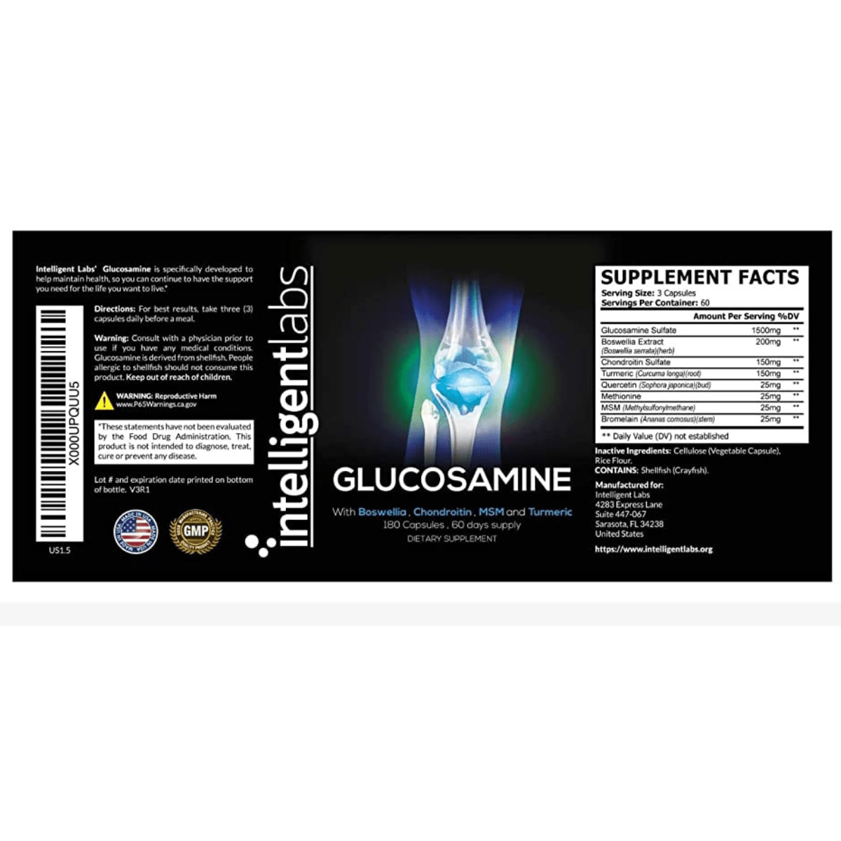 Intelligent Labs Glucosamine with Boswellia, Chondroitin, MSM And Turmeric - 180 Cápsulas - Haz Tu Pedido