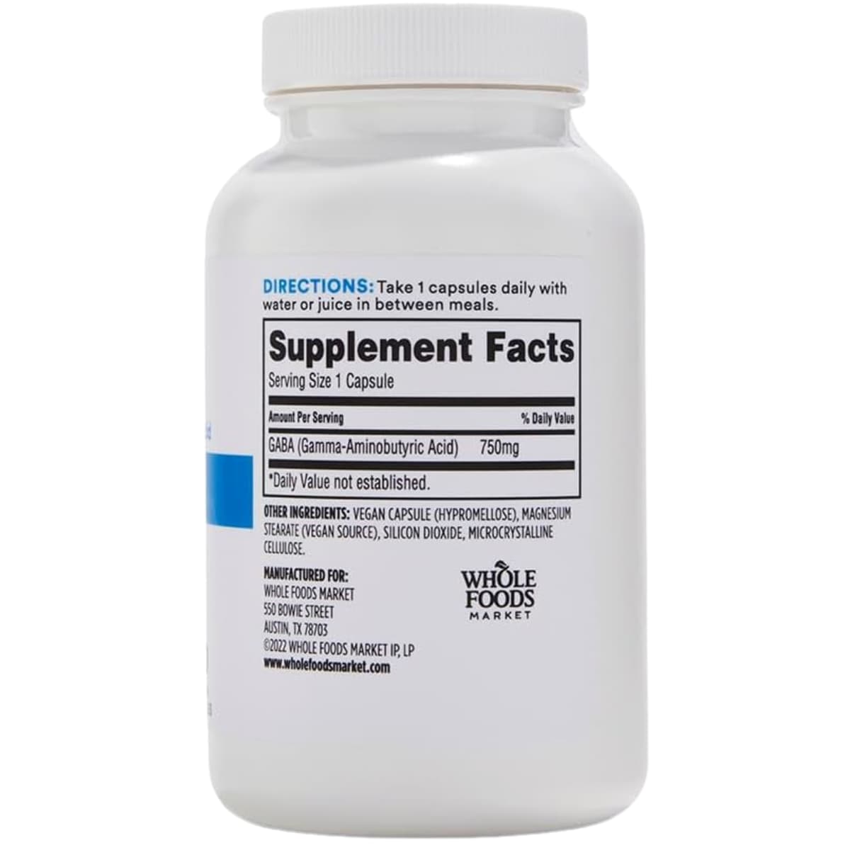 Tabla nutricional del suplemento 365 by Whole Foods Market GABA 750 mg 100 cápsulas veganas