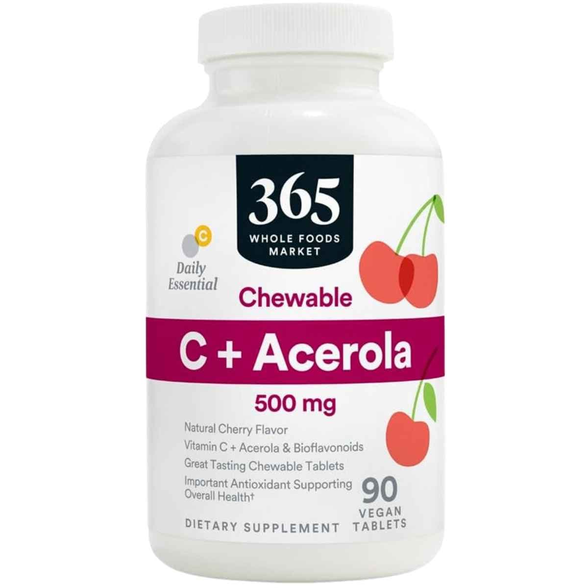 Frasco de suplemento 365 Whole Foods Market Vitamina C + Acerola 90 tabletas