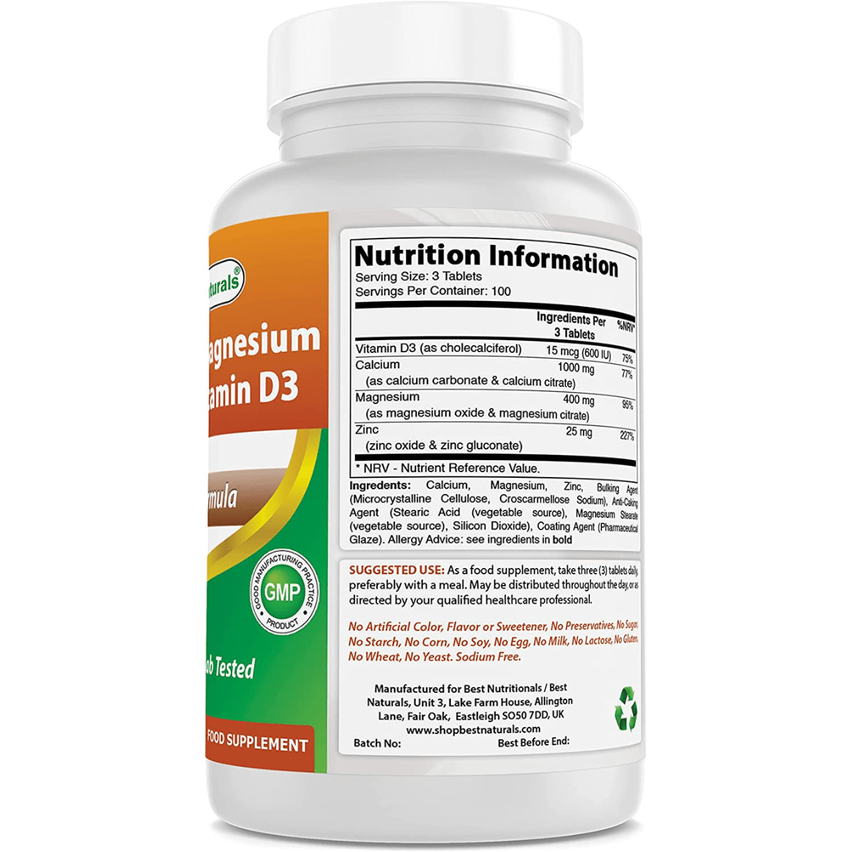 Best Naturals Calcium With Magnesium, Zinc, And Vitamin D3 - 300 Tabletas - Haz Tu Pedido