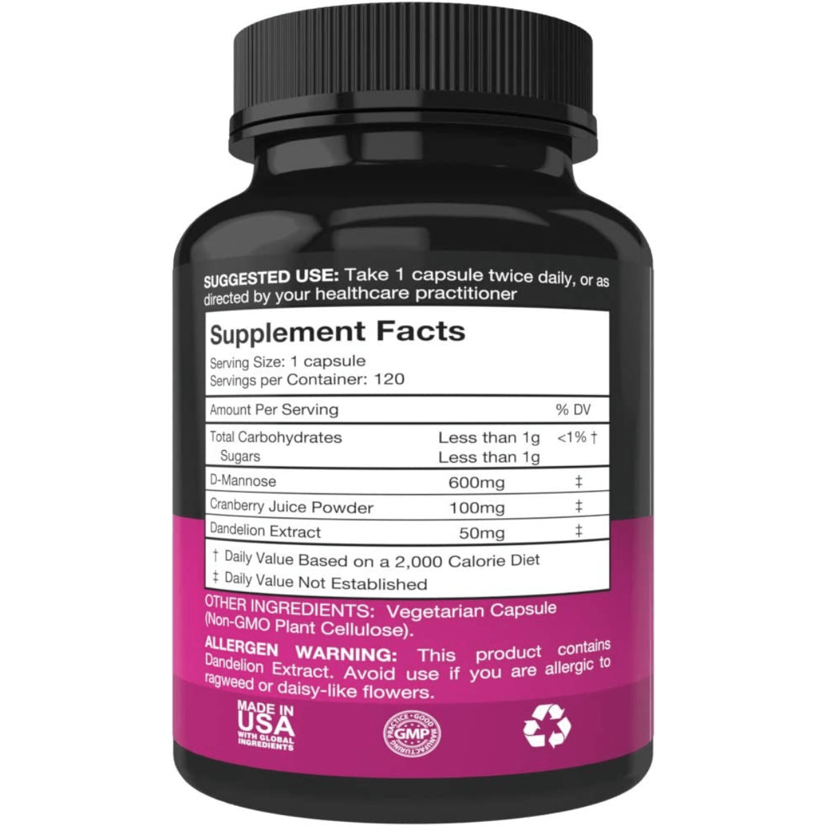 Purest Vantage D Mannose with Cranberry And Dandelion Extract - 120 Cápsulas Vegetarianas - Haz Tu Pedido