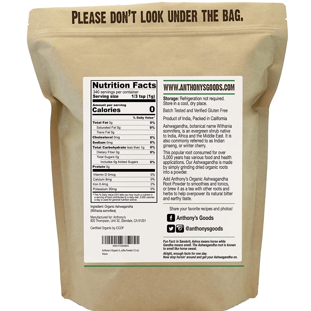 Anthonys Organic Ashwagandha - 340 g - Haz Tu Pedido
